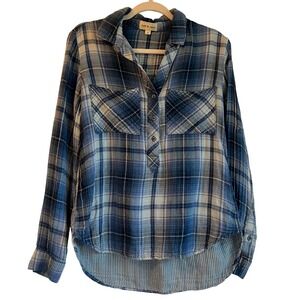 Cloth & Stone Anthropologie Blue Plaid 100% Cotton Cabincore‎ Shirt Size M